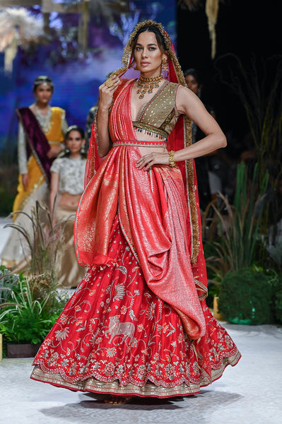 Olive Cotton Emb. Printed  Blouse With Red Dupion Emb. Lehenga And Dupatta, Red Tussar Banarasi Saree (Dmt-11/bls, Fb-32/leh, Nlb- 34012, Sl-03/dup)
