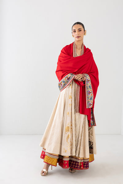 FRESH RED KASHMIRI EMBROIDERED WOOLEN SHAWL (1 PC)