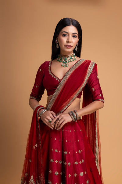 RED MUSHROO EMB LEHENGA SET (3 PCS)