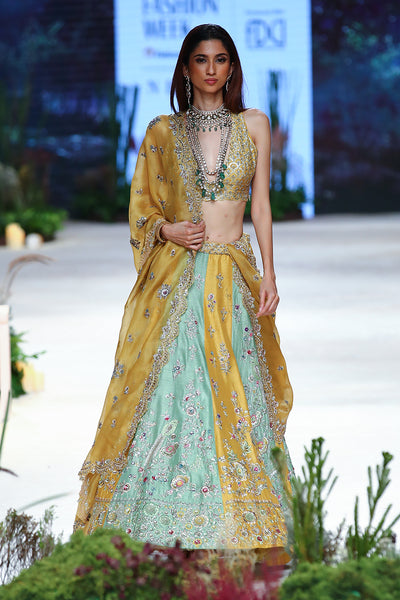 Yellow Viscose Dupion Scalloped Emb. Lehenga & Yellow Organza Emb. Dupatta (Sk-34b/dup Fa-56a/bls, Fa-56/leh)