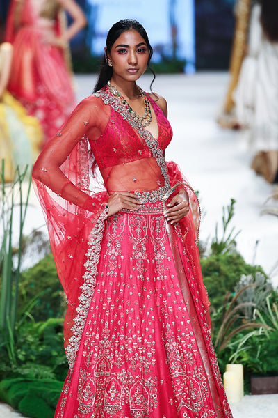 Red Brocade Blouse, Red Silk Dupion Emb. Lehenga With Crino & Red Net Emb. Veil ( Blouse-06, Fb-03/leh+can, Kz-15a/dup)