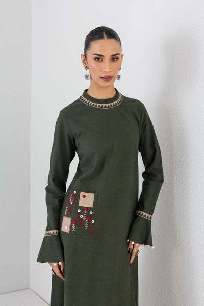 MOSS GREEN LONG EMBROIDERED MELANGE DRESS (1 PC)