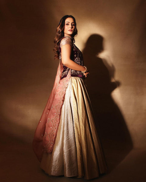 Ruby Embroidered Jacket and Gold and Silver Lehenga Set (E-30/TL-103)