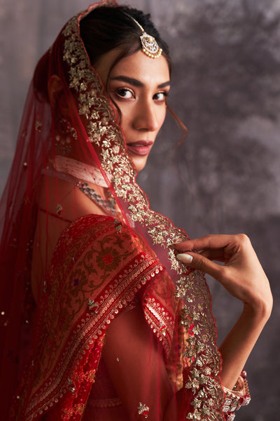 RED BANDHANI EMBROIDERED LEHENGA & DUPATTA  ( 2 PCS)
