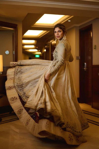 A TOOSH SILK DUPION EMBROIDERED  ANGARAKHA STYLED WITH TOOSH QUILTED AND EMBROIDERED CHANDERI SKIRT (MH-03)