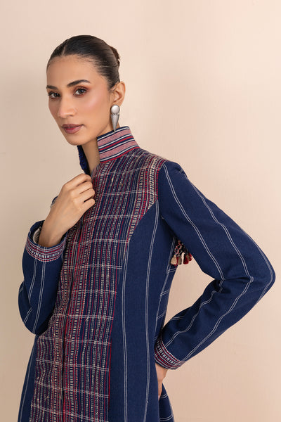 BLUE HANDWOVEN COTTON LONG JACKET (1 PC)
