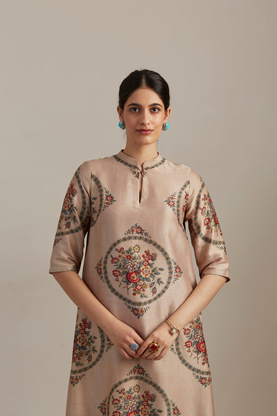 Beige silk chanderi bloomcycle printed tunic (SV-05/KUR)