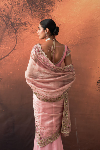 ONION PINK TUSSAR & ORGANZA EMB. TWO-PIECE SAREE SET(EVO-08) (3 PCS)