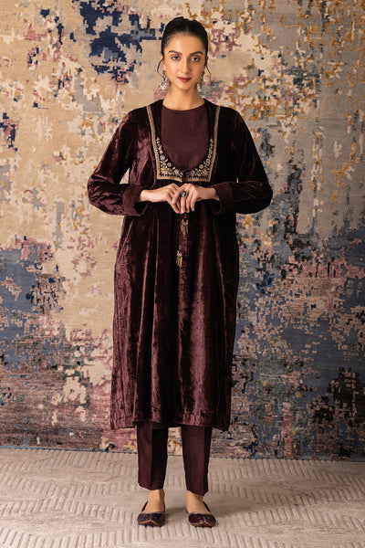 Brown Velvet Embroidered Tunic Set(Vt-03)