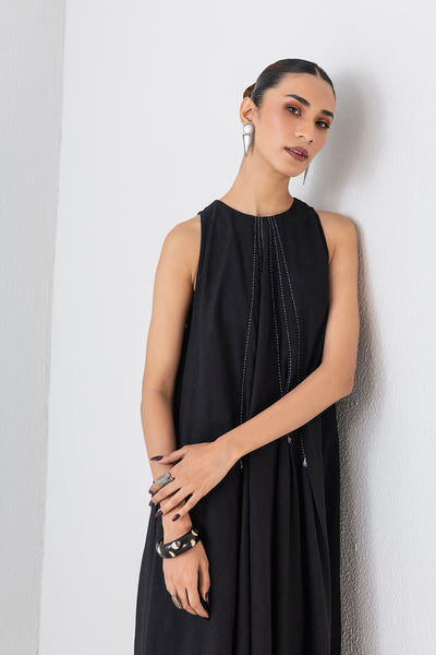 BLACK MELANGE LONG SLEEVELESS DRESS (1 PC)