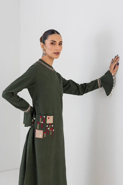 MOSS GREEN LONG EMBROIDERED MELANGE DRESS (1 PC)