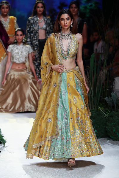 Yellow Viscose Dupion Scalloped Emb. Lehenga & Yellow Organza Emb. Dupatta (Sk-34b/dup Fa-56a/bls, Fa-56/leh)