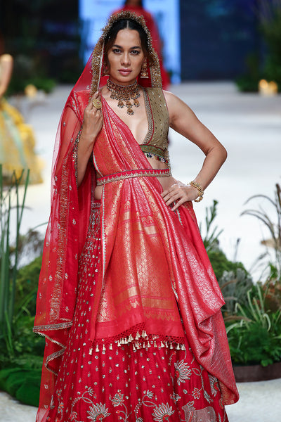 Olive Cotton Emb. Printed  Blouse With Red Dupion Emb. Lehenga And Dupatta, Red Tussar Banarasi Saree (Dmt-11/bls, Fb-32/leh, Nlb- 34012, Sl-03/dup)