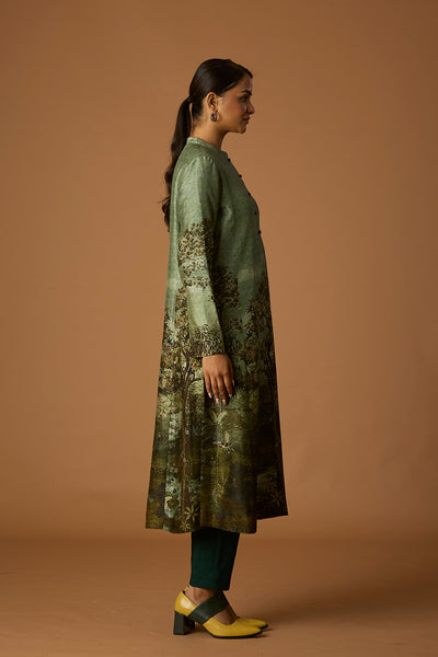 FOREST GREEN VISC. DUPION PRINTED TUNIC (BC-05)