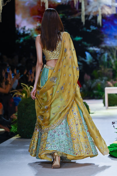 Yellow Viscose Dupion Scalloped Emb. Lehenga & Yellow Organza Emb. Dupatta (Sk-34b/dup Fa-56a/bls, Fa-56/leh)