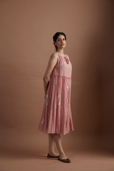 Foil printed tiered dress with old rose mulmul silk (VEG-04/DRS)