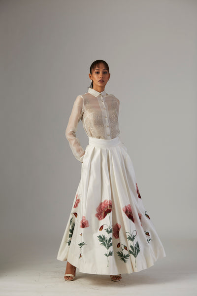 IVORY DUPION SILK SKIRT WITH SATIN SHIRT & FALSA JACKET ( 3 PCS)