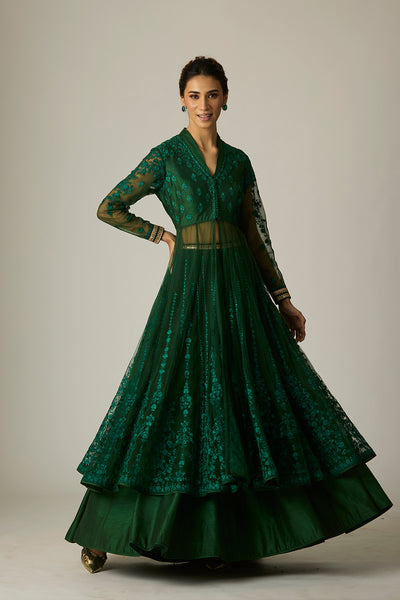 GREEN TULLE EMBROIDERED ANARKALI SET(3 PCS)