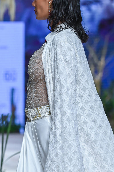 Toosh Emb. Bodysuit with Ivory mushroo drape skirt and Ivory Chikankari cape (FA-30B/SKT, FA-24A/BLS, FA-24/JKT)