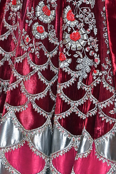 Ruby velvet emb. Blouse with phalsa dupion emb. Lehenga & falsa net dupatta  e-29/tl-122a/bls, tl-122b/dup, e-29/tl-122/leh)