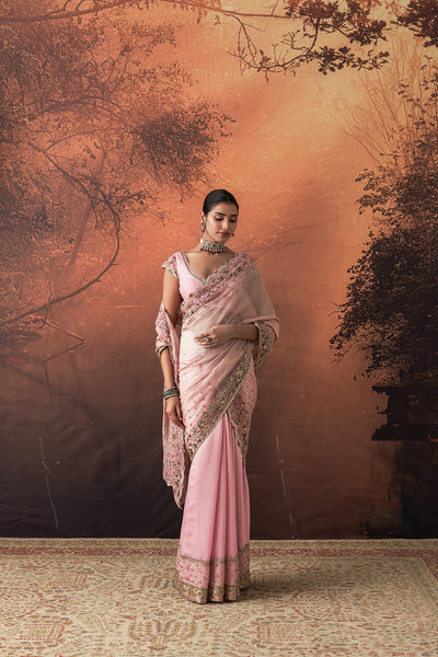 ONION PINK TUSSAR & ORGANZA EMB. TWO-PIECE SAREE SET(EVO-08) (3 PCS)