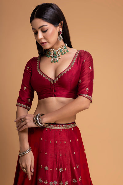RED MUSHROO EMB LEHENGA SET (3 PCS)