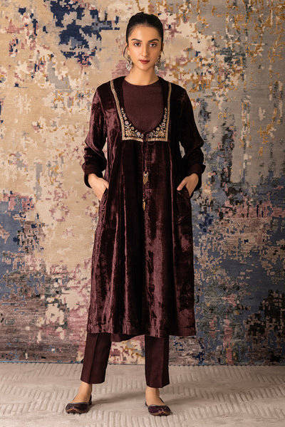 Brown Velvet Embroidered Tunic Set(Vt-03)