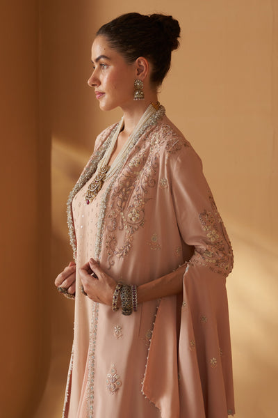 PEACH CREPE MOTI RESHAM  EMBROIDERED JACKET SET ( SE-03)