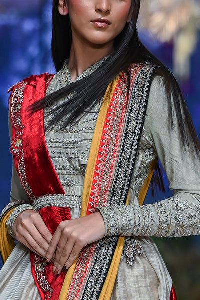 Grey Tussar Printed Angrakha  Set (  Mh-03/ang, Mh-03/skt, Mh-03/blt)