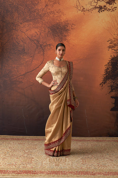 GOLD TISSUE SAREE WITH RED BORDER & UNSTITCHED BLOUSE(SRE-54) (2 PCS)