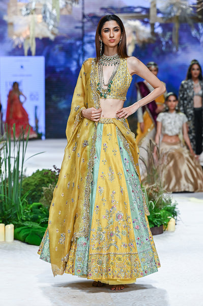 Yellow Viscose Dupion Scalloped Emb. Lehenga & Yellow Organza Emb. Dupatta (Sk-34b/dup Fa-56a/bls, Fa-56/leh)