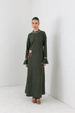 MOSS GREEN LONG EMBROIDERED MELANGE DRESS (1 PC)