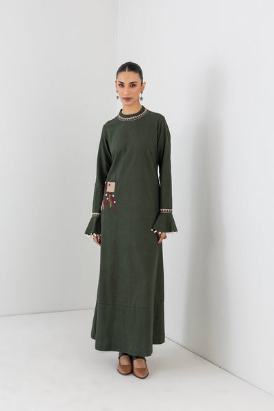 MOSS GREEN LONG EMBROIDERED MELANGE DRESS (1 PC)