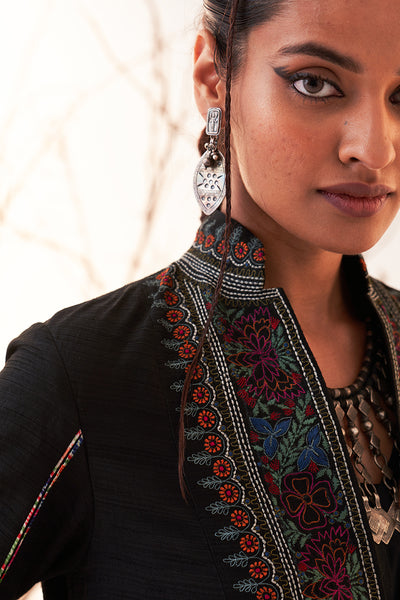 Black Viscose Dupion Embroidered Jacket Set (Sh-11/jkt)