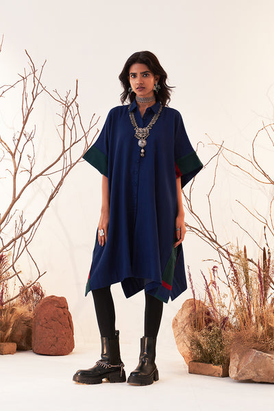 Blue Woolen Kaftan With Multicoloured Border (Wln-05/kaf)