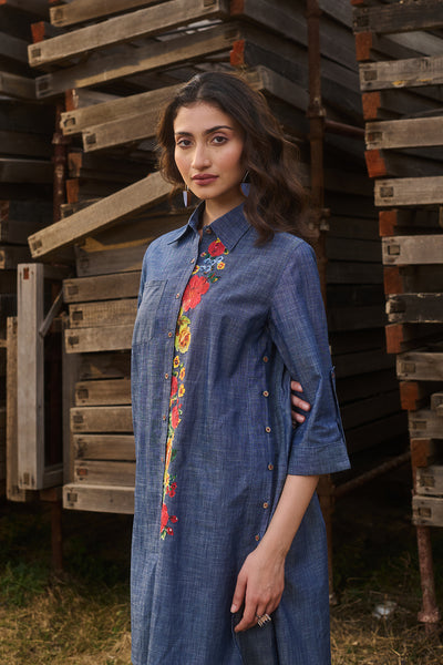 BLUE DENIM FLORAL HAND PAINTED SHIRT STYLE TUNIC WITH BLUE DENIM PANTS (CM-05/TNC, CM-05A/BTM)