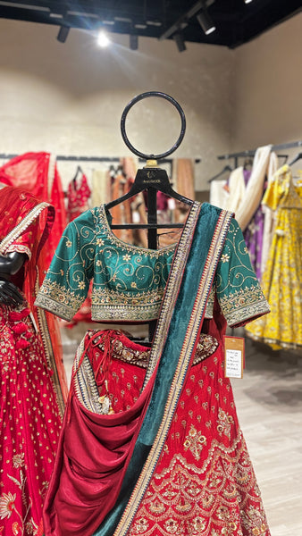 RED DUPION EMB LEHENGA SET (3 PCS)