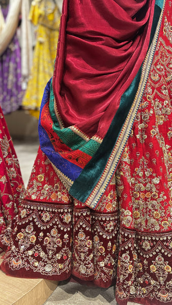 RED DUPION EMB LEHENGA SET (3 PCS)