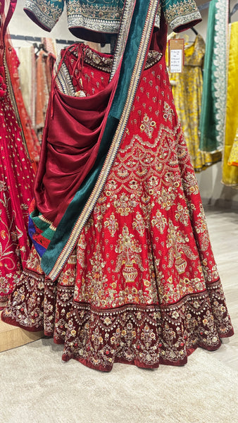 RED DUPION EMB LEHENGA SET (3 PCS)