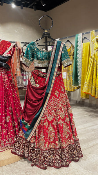 RED DUPION EMB LEHENGA SET (3 PCS)
