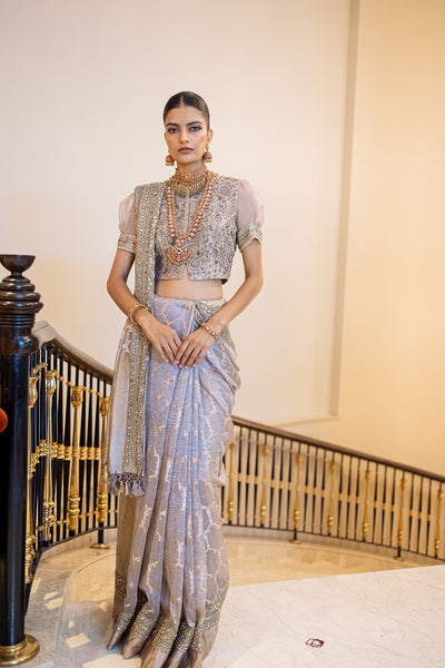 GREY TUSSAR WOVEN EMB. SAREE SET (CHHAVI-76A) (2 PCS)