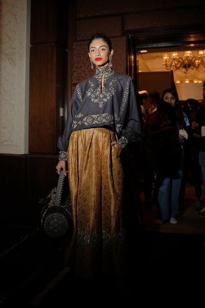 Charcoal embroidered blouse and Yellow brocade skirt set(E-10/TL-14)