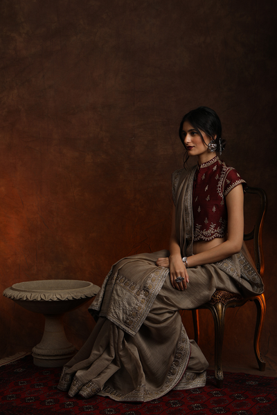 TOOSH & MAROON CHANDERI EMBROIDERED SAREE SET (2 PCS)