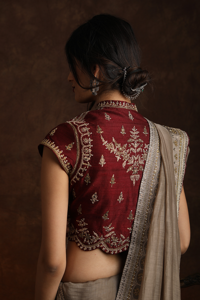 TOOSH & MAROON CHANDERI EMBROIDERED SAREE SET (2 PCS)