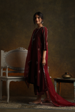 MAROON SILK DUPION EMBROIDERED KURTA SET (3 PCS)