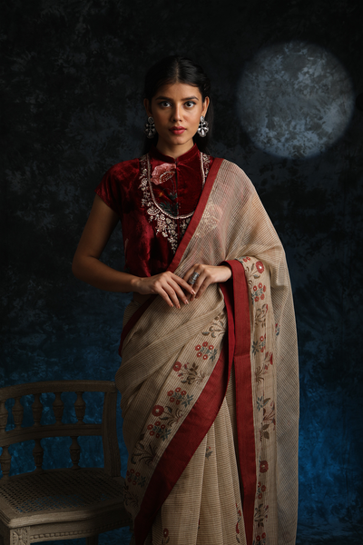 TOOSH SILK CHANDERI FLORAL STRIPE PRINTED SAREE SET (2 PCS)