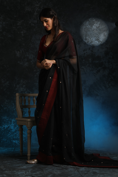 BLACK THIN CHANDERI EMBROIDERED SAREE SET (2 PCS)