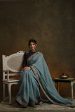 AQUA THIN CHANDERI EMBROIDERED SAREE SET (2 PCS)