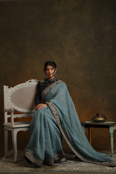 AQUA THIN CHANDERI EMBROIDERED SAREE SET (2 PCS)