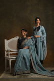 AQUA THIN CHANDERI EMBROIDERED SAREE SET (2 PCS)